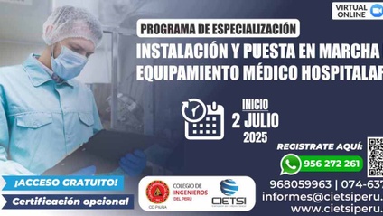 Product image for PROGRAMA DE ESPECIALIZACIÓN EN INSTALACIÓN Y PUESTA EN MARCHA DE EQUIPAMIENTO MÉDICO HOSPITALARIO 2025