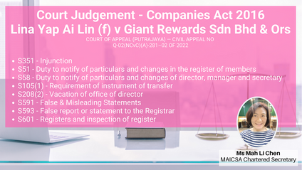 Product image for (English) S51, 58, 105(1), 208(2) 351, 351(1), 591, 593, 601 of CA2016 - CoA Judgement Lina Yap Ai Lin (f) v Giant Rewards Sdn Bhd & Ors by Mah Li Chen (MAICSA Chartered Secretary)