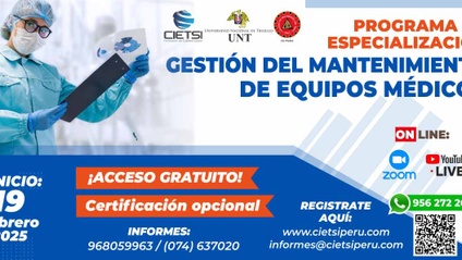 Product image for PROGRAMA DE ESPECIALIZACIÓN EN GESTIÓN DEL MANTENIMIENTO DE EQUIPOS MÉDICOS 2025
