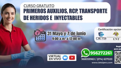 Product image for CURSO GRATUITO EN PRIMEROS AUXILIOS, RCP, TRANSPORTE DE HERIDOS E INYECTABLES 2025