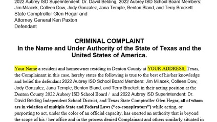 Product image for Denton County Aubrey ISD Bond Cap Criminal Complaint