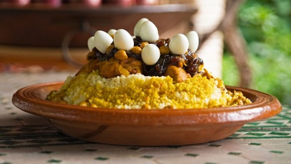 Product image for Moroccan Couscous with Chicken, Tfaya, and Quail Eggs