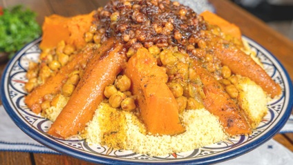 Product image for Moroccan Couscous with Beef, Vegetables, and Tfaya (Caramelized Onions and Raisins)