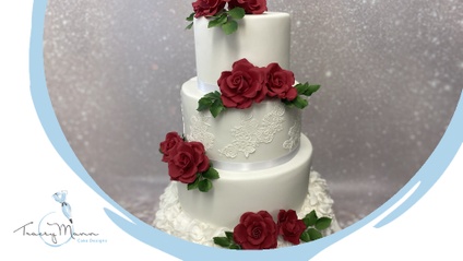 Product image for Four tier wedding cake with sugar roses, cake lace and ruffles