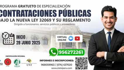 Product image for PROGRAMA DE ESPECIALIZACIÓN EN CONTRATACIONES PÚBLICAS BAJO LA NUEVA LEY N.º 32069 Y SU REGLAMENTO 2025