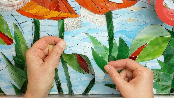 Artist, Mosaic Tools, Hand Craft, Uses Tweezers To Make Mosaic, Close Up.  Ancient process making mosaics. Stock Photo